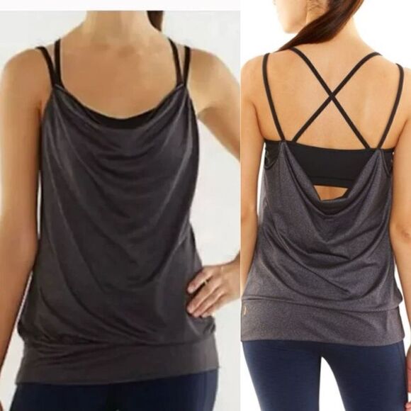 Lucy Tops - Lucy Heathered Black Feel the Beat 2 in 1 Bra Tank Top Small